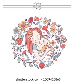 The mother and her child. Linear vector illustration. Floral wreath of herbs and flowers. Logo of a happy motherhood and childhood. Happy family.