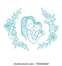 The mother and her child. Linear vector illustration. Floral wreath of herbs and flowers. Logo of a happy motherhood and childhood. Happy family.