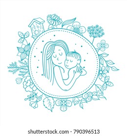 The mother and her child. Linear vector illustration. Floral wreath of herbs and flowers. Logo of a happy motherhood and childhood. Happy family.