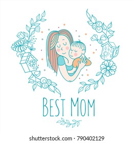 The mother and her child. Linear vector illustration. Floral wreath of herbs and flowers. Logo of a happy motherhood and childhood. 