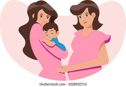 A Mother And Her Child And A Pregnant Woman - Amazing wholesome flat vector illustration suitable for website, mobile apps, mothers day, womens day, design assets, and illustration in general