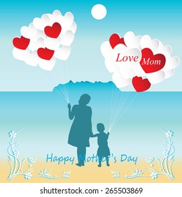 Mother and her child in silhouette at beach with balloons heart shape with happy mother's day