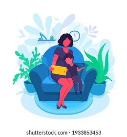 A mother and her child sitting on an armchair, watching a tablet PC. A parent and a kid reading, playing, teaching, learning. A boy touches a screen. A vector cartoon illustration.