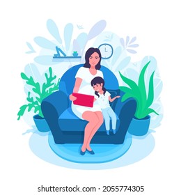 A mother and her child sitting on an armchair, watching a tablet PC. A parent and a kid reading, playing, teaching, learning. A girl touches a screen. A vector cartoon illustration.