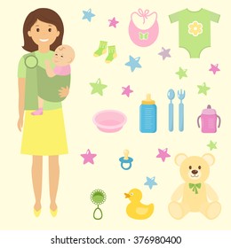 Mother And Her Child In Sling Ring.Baby Supplies. Vector Illustration