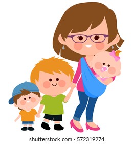 Mother with her children and her baby in a sling. Vector illustration