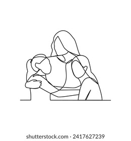 Mother and her children drawn in line art style