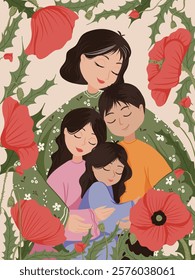 Mother with her children are embracing. Woman, daughters and son vector cute illustration for greeting card, poster, print with floral composition. Happy Mother's Day or Women's Day concept