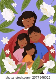 Mother with her children are embracing. Woman, daughters and son vector cute illustration for greeting card, poster, print with floral composition. Happy Mother's Day or Women's Day concept