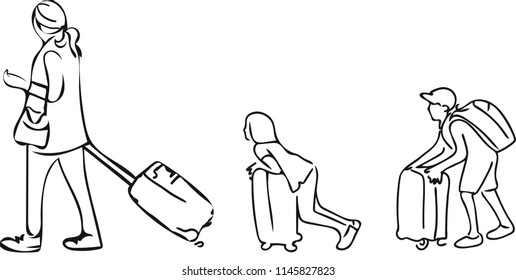 The mother and her children are going to travel while her daughter is playing or riding their baggage.