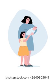 Mother with her children. Woman holds baby in her arms, daughter is next to her. Vector flat graphics of happy family.