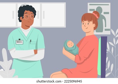 Mother with her cute baby visiting pediatrician. Vector illustration