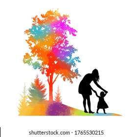 Mother with her daughter in her arms. Mother's Day. Mom teaches the child to walk. Outdoors. Vector illustration