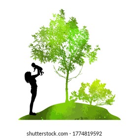 Mother with her daughter in her arms. Mother's Day. Outdoors. Vector illustration