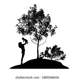 Mother with her daughter in her arms. Mother's Day. Mom teaches the child to walk. Outdoors. Vector illustration
