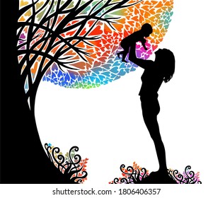 Mother with her daughter in her arms. Mother's Day. Mom teaches the child to walk. Multicolored tree made of hearts. Outdoors. Vector illustration