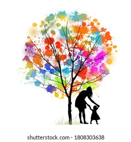 Mother with her daughter in her arms. Mother's Day. Mom teaches the child to walk. Outdoors. Vector illustration