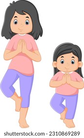 a mother and her daughter are doing yoga exercises of illustration