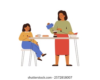 Mother with her daughter drink tea with cake at home. Woman making coffee on the kitchen in the mornong and listern stirytelling from small girl. Family communication and bonds. vector