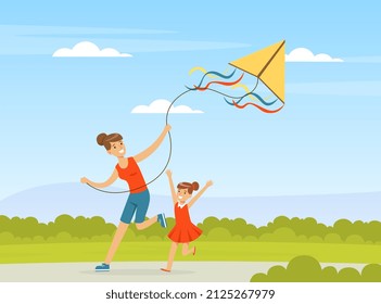 Mother with Her Daughter Flying Kite Playing Outdoor Vector Illustration