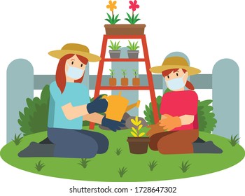 Mother and her daughter is gardening together