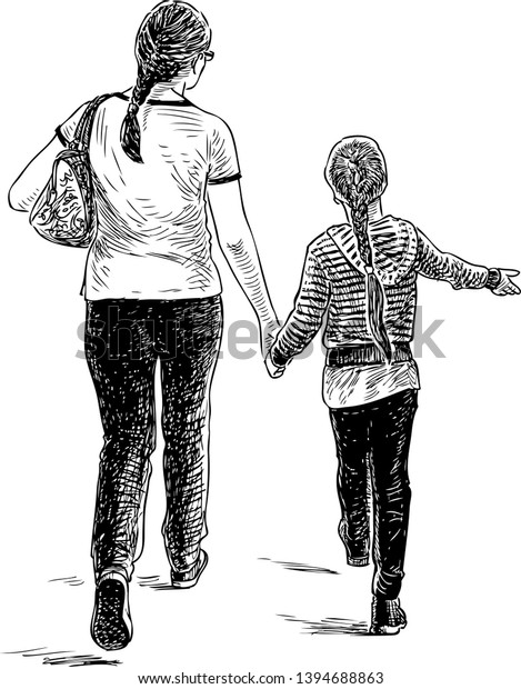 Mother Her Daughter Going On Stroll Stock Vector Royalty Free