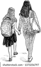 A mother with her daughter going to school