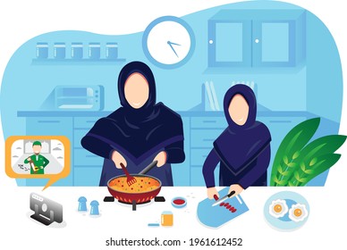 A mother and her daughter happily prepare meals for their fast in the kitchen