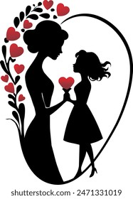 Mother with her daughter holding hands with heart in black frame with leaves and hearts Eps