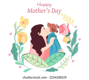 Mother and her daughter are hugging. Happy Mother's Day Greeting vector illustration.