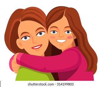 Mother and her daughter hugging and smiling face to face. Flat style vector cartoon illustration isolated on white background.