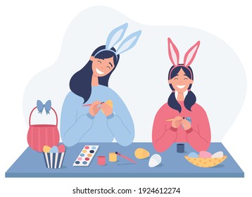 A mother and her daughter painting Easter eggs. Girls wearing bunny ears on Easter day. Happy family preparing for Easter. Flat vector illustration on a white background.