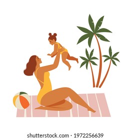 Mother and Her Daughter Playing with Ball on Beach, Happy Family Enjoying Summer Vacation on Seashore Vector Illustration.