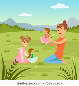 Mother and her daughter playing dolls on  nature background, family leisure flat vector illustration