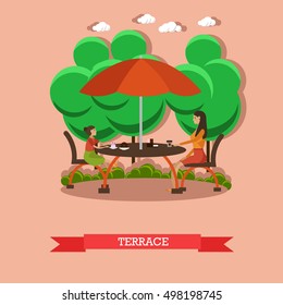 Mother and her daughter sit on the restaurant summer terrace under umbrella. Family in street cafe vector illustration in flat style design.