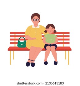 Mother with her daughter sitting on wooden bench. Family spending outdoor time together cartoon vector illustration