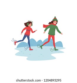 Mother and her daughter skating on ice. Winter activity. Young happy woman and girl in warm clothes. Flat vector design