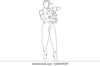 Mother with her daughter for a walk. Family shopping trip. Motherhood. One continuous drawing line  logo single hand drawn art doodle isolated minimal illustration.