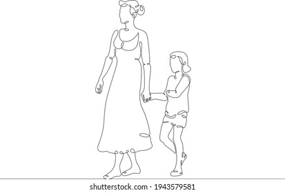 Mother with her daughter for a walk. Family shopping trip. Motherhood. One continuous drawing line  logo single hand drawn art doodle isolated minimal illustration.