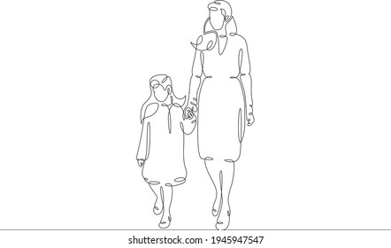 Mother with her daughter for a walk. Family shopping trip. Motherhood. One continuous drawing line  logo single hand drawn art doodle isolated minimal illustration.