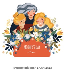 mother with her daughters in flowers. mother's day card. 