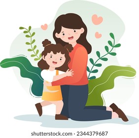 A Mother And Her Girl Child Hugging Each Other Happily Vector Illustration