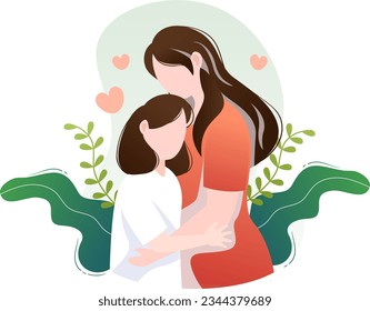 A Mother And Her Girl Child Hugging Each Other Happily Vector Illustration