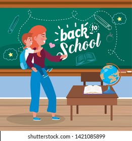 mother with her girl student and desk with book