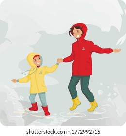 Mother and her kid are jumping up and down in rough weather. Vector illustration presents the importance of having fun with loved ones  whenever and wherever you are .