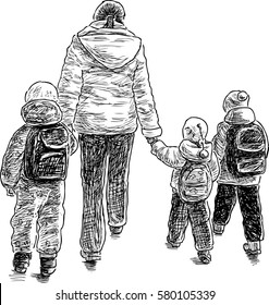 mother with her kids on a walk