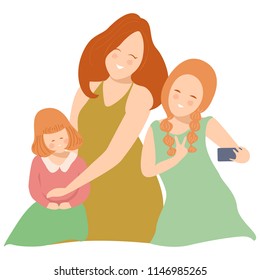 mother and her kids taking selfie with smartphone,vector of mothers day concept