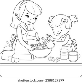 Mother and her little child baking a strawberry cake in the kitchen at home. Vector black and white coloring page.