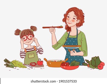 Madre con su pequeña hija preparando comida en casa en la cocina. Feliz fiesta familiar. Joven cocinando en la cocina y linda chica jugando con verduras. Ilustración alimenticia saludable