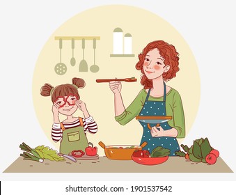 Madre con su pequeña hija preparando comida en casa en la cocina. Feliz fiesta familiar. Joven cocinando en la cocina y linda chica jugando con verduras. Ilustración alimenticia saludable